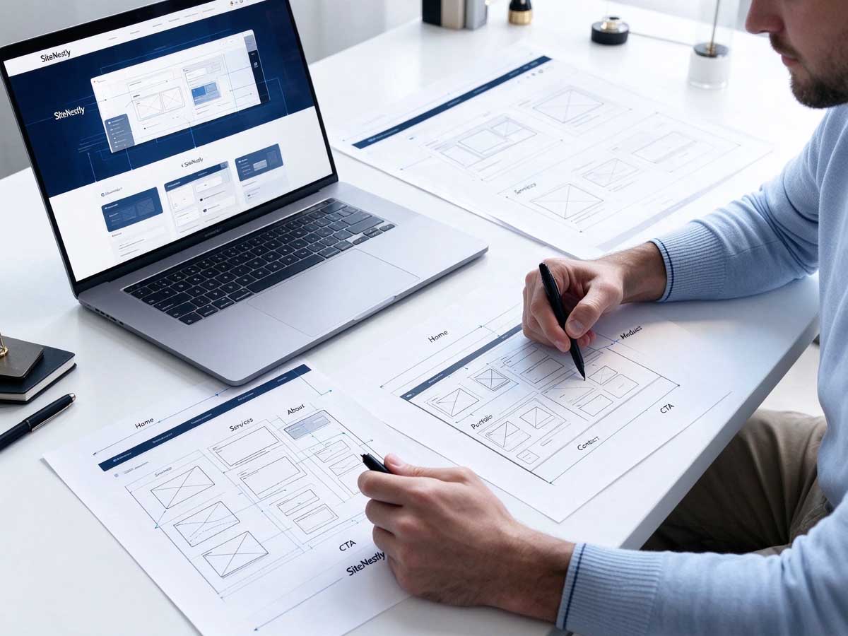 Website designer planning page layouts and organising business website content at a workspace