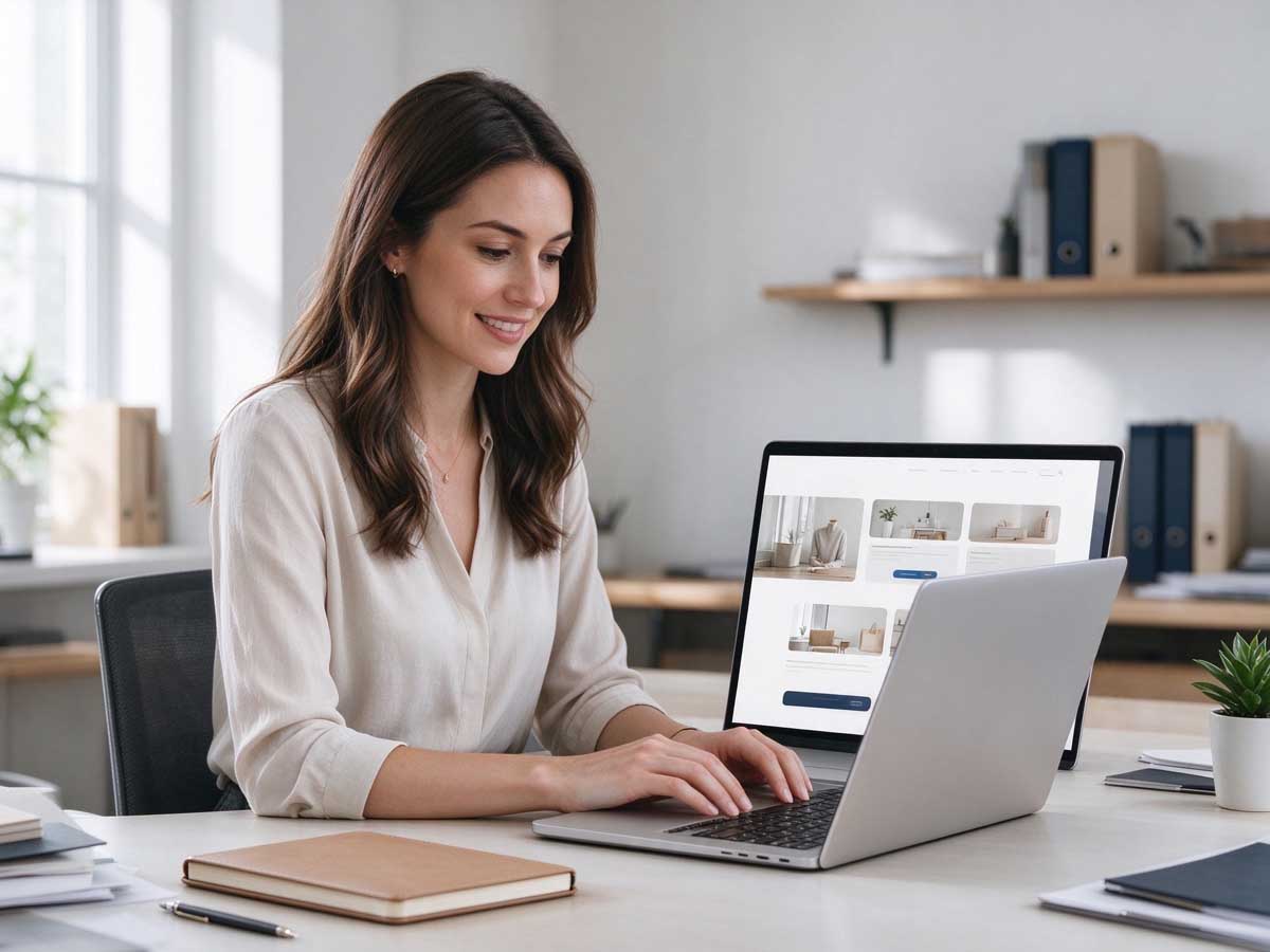 Small business owner working on a professional business website in a modern office